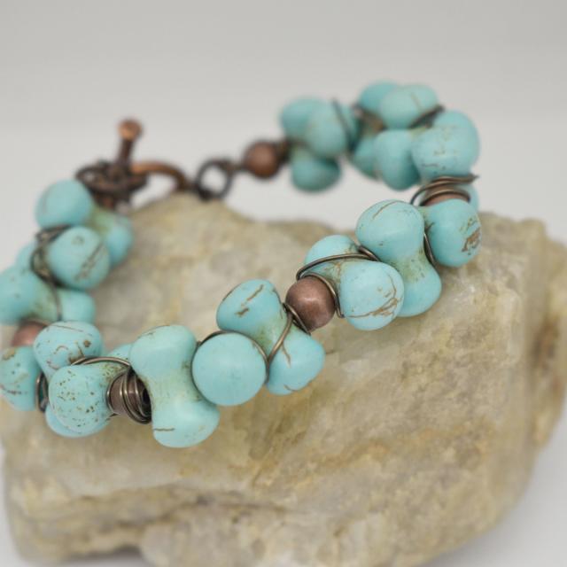 Turquoise and Copper Wire Wrapped Beaded Bracelet